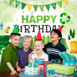 Rsuuinu Garbage Truck Happy Birthday Backdrop Boy Bang Boom Crash Dump Everything Celebrate Birthday Photography Green and Blue Background Bday Party Decorations Supplies Photo Booth Props 7x5ft