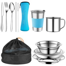 YushengTai Camping Crockery 1 Person 10-Piece Set, Stainless Steel Camping Tableware, Outdoor Travel Cutlery Camping Cutlery with Cutlery, Forks, Bowls, Cutlery Bag for Motorhome, Travel (Blue)