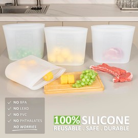 Reusable Storage Bags Extra Large, 0.8 Gallon/101 fl.oz/3000 ml, 4 Pack 100% Silicone Food Storage Bags Stand Up Zip Lock for Large Food Items, Freezer Microwave Oven Dishwasher Safe, Translucent