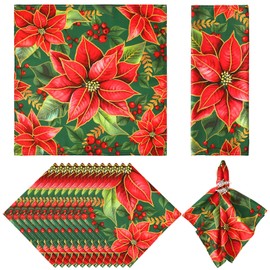 12 Pcs Christmas Poinsettia Cloth Napkins 20x20 Washable Dinner Red