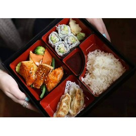 Happy Sales HSLQ-BTX9SQ, Japanese Sushi Tray Lunch Box Bento box Traditional Plastic Lacquered Box for Restaurant or Home Made in Japan, Square Design Red and Black