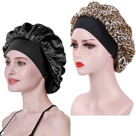 2 Pieces Silk Hat Women Satin Hair Night Soft Satin Night Silk Night Cap for Makeup (Black+Leopard Print)