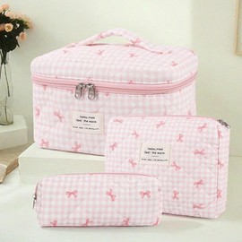 Dkieuyu 3 Pcs Quilted Makeup Bag Set, Bow, Coquette, Floral Make Up Bag - Large Toiletry Cosmetic Bags Organizer for Women & Girls (K-3PCS)
