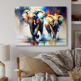 DesignQ Large Elephant Animal Wall art, Majestic Elephants in a Running Gait I, Elephant Wall art decor, Blue Modern Canvas wall art, 40x30 inches