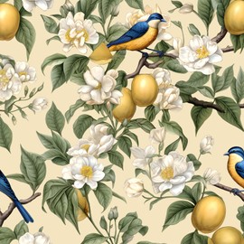 Fvlow Lemons Tree Floral Peel and Stick Wallpaper Vintage Beige Wallpaper Vinyl Wrap Kitchen Worktop Covering Self Adhesive Thick White Flowers Contact Paper for Cabinets Drawers Sticker 17.4" x 394"
