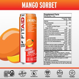 FITAID ENERGY, 200mg Natural Caffeine, Keto, Mango Sorbet, Optimum Performance Formula: BCAAs, Quercetin, Electrolytes, Omega-3s, 15 calories, Paleo, Vegan & Gluten-Free 12 Fl Oz (Pack of 12)