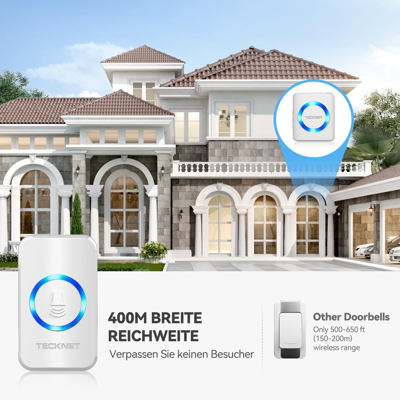 Tecknet Waterproof Wireless Bell Set Wireless Doorbell