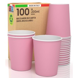 Baciato Caffè 100 x 200ml Eco-Friendly Biodegradable Disposable Paper Jars, Made in Italy for Hot Drinks and Colourful Water, Pink