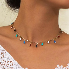 Jovono Boho Pearl Choker Necklaces Gold Colorful Crystal Pendant Necklace Beach Jewelry Beautiful Necklace Tassel Jewelry for Women Girls, Metal, Pearl