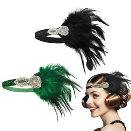 1920s Headband for Women, 2PCS Feather Flapper Headband Rhinestone Gatsby Headpiece Vintage Great Gatsby Headband Feather Headdress 1920s Accessories for Girls Costume Party (Black+Green, 9.45in)