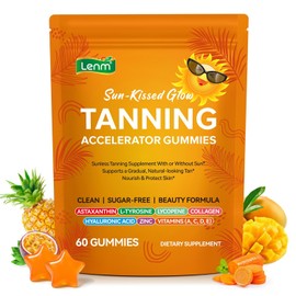 Tanning Gummies Sunless Tanning Supplement, Sugar-Free, 60 Gummies | Beta Carotene, Astaxanthin, Lycopene, Collagen & Hyaluronic Acid, Vitamins A C D E & Zinc, Skin Glow & Hydration Support