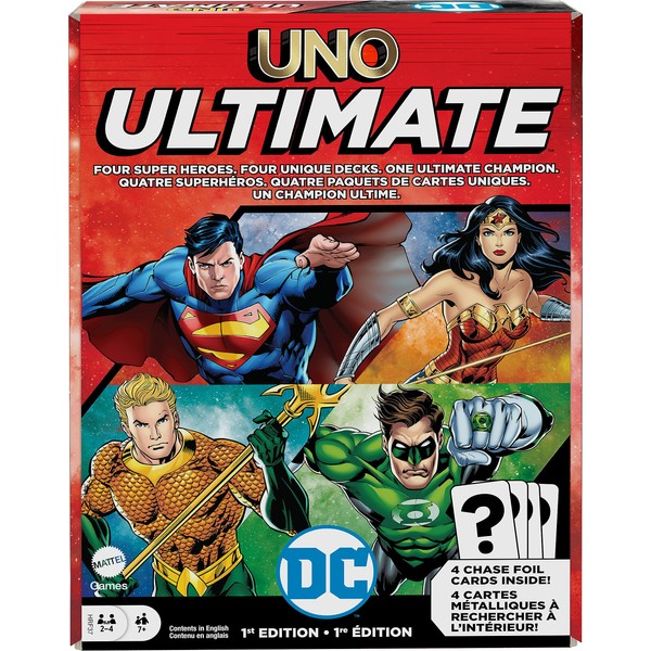 Mattel Games Ultimate Dc Card Game for Kids & Adults with 4 Character Decks, 4 Collectible Foil Cards & Special Rules