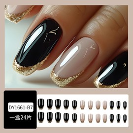 French Tip Press on Nails Medium Length Fake Nails Black Glue on Nails Glossy Full Cover Acrylic Nails Cute Winter False Nails Reusable Artificial Stick on Nails for Women Manicure Decorations, 24Pcs