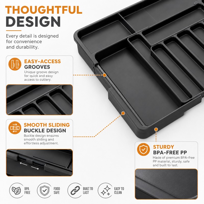 Expandable Silverware Organizer for Kitchen Drawers – 7-Compartment BPA-Free Cutlery