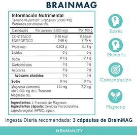 NEWMANITY BrainMAG Treonato de Magnesio - 180 Cápsulas de Alta Absorción, Suplemento Nootropico para Concentración, Memoria, Relajación, Sueño y Bienestar Mental, Fórmula de L-Treonato de Magnesio