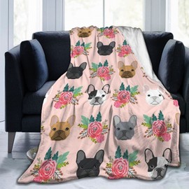 HAZIMCS Flannel Fleece Plush Throw Blanket,French Bulldog Floral Dog Cute pet Gifts Dog Breed Throw for Spring Recliner, Air Conditioning Blanket Quality Washable 60"x50"