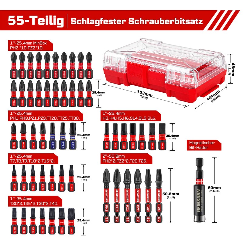 Geinxurn 55-Piece Screwdriver Bit Set Made of Impact-Resistant, S2 Steel,