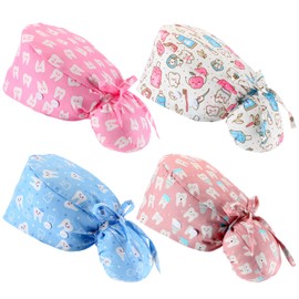 Unittype 4 Pcs Nurse Caps for Women Nursing Working Caps with Button and Sweatband Adjustable Elastic Scrub Hats for Dentist(Adorable Style)