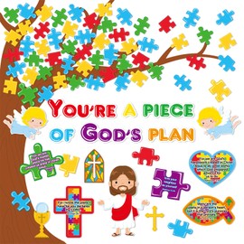 gisgfim Sunday School Classroom Bulletin Board Decorations Christian Bulletin Board Piece of Gods Plan Puzzle Cutouts Religious Kids Bible Verse Classroom Decoration for Christian Bulletin Board Decor