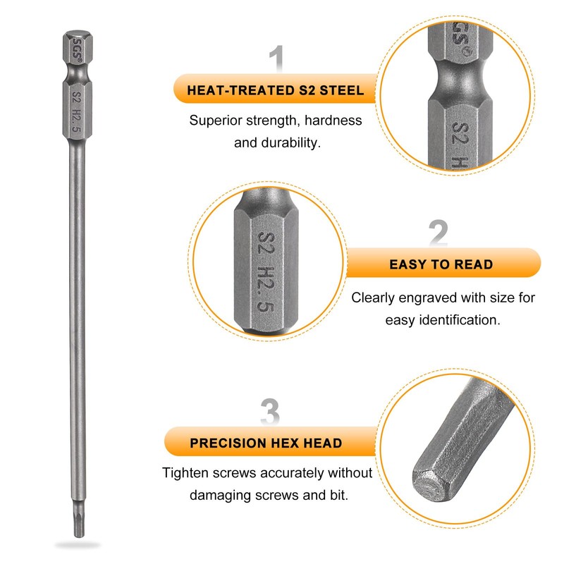 sourcing map 3pcs H2.5 Hex Head Drill Bit Wrench 2.5mm