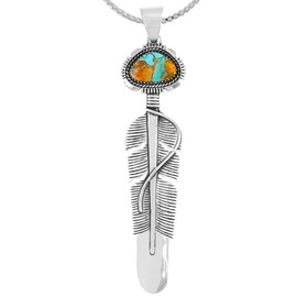 Feather Spiny Turquoise Necklace 925 Sterling Silver Pendant & 20" Chain (LARGE-Spiny Turquoise)