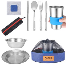 Outdoor Camping Mess Kit - 1 to 2 Persons Camping Dishes Includes Cups, Bowls, Dishes, Knives, Forks, Spoons, Etc, Camping Dinnerware Set with Mesh Bag is Easy to Carry Camping Tableware Set