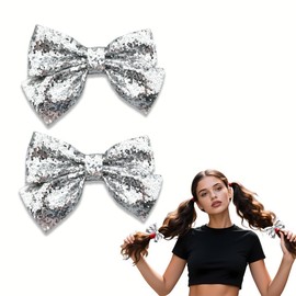 Silver Glitter Bow Hair Clips Sparkly Bows Accessories Alligator Clips for Women Girls Bling Bowknot Hair Clip for Girl Glitter Ponytail Holders Barrettes for Women with Silver Sequin 2Pcs