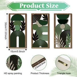 Leseogye Abstract Wall Art, Boho Wall Art Set of 3, Green Geometric Wood Wall Decor Framed, Geometric Aesthetic Botanical Artwork, Green Room Decor for Bedroom Living Room Office