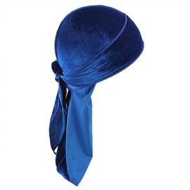 Blue Velvet Durag with Extra Long Tail Wide Straps Soft Cap, Beige, One size fits all , 21-25 Inch head circumference