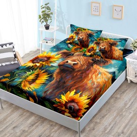 HOSIMA Western Farmhouse Animals Cow and Sunflower Bedding Set with 2 Pillowcases, Highland Cow Print Fitted Sheet, Floral Bedding Galaxy Star Moon Full Size Deep Pocket Set
