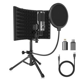 Riworal Studio Recording Microphone Isolation Shield with Pop Filter and Metal Tripod Stand USB Condenser Mic to PC Laptop Smartphone, Mic for Recording Singing Podcasting