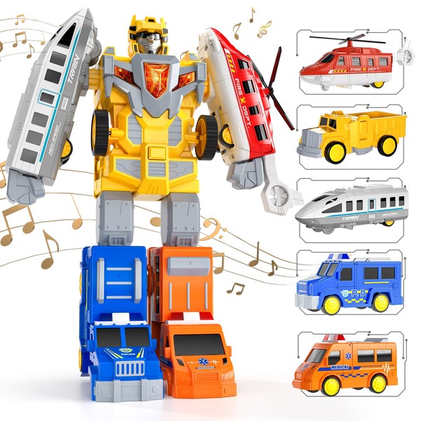 TEMI Kids Transform Robots Truck for Toddler, 5 in 1 City Rescue Cars Vehicles Toys for 3 4 5 6 7 Year Old Boys, STEM Bssemble Cars Action Figures Toys for Kids Ages 3-8, Gift for Birthday Christmas
