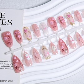 30Pcs Pink Press on Nails Medium Almond Fake Nails Summer Pink Peach Blossom Designs Cute Cat Bow False Nails Full Cover Acrylic Stick on Nails Artificial Glue on Nails for Women Nail Decoration