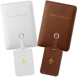 2 Pieces Passport Covers and 2 Pieces Luggage Tags, Passport Holder Travel Suitcase Tag - Color: White, Brown