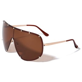 Polarized Round Studded Frame Oversized One Piece Shield Lens Sunglasses POL-M10153 (Brown Gold)