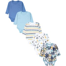 TupTam Boys Baby Bodysuit Long Sleeve Plain Colours Pack of 5, Koala Safari Stripes Mint Green Orange Blue