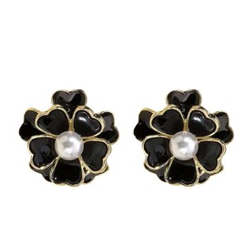 Anmpab Enamel Pearl Rose Flower Stud Earrings for Women Camellia Flower Pearl Earrings Party Jewelry (Black)