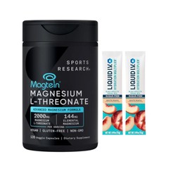 SPORTS RESEARCH Magtein Magnesium L- Threonate Advanced (2000 MG Magnesium L-Threonate 144 MG Elemental Magnesium Per Serving) 135 Veggie CapsulesPlus Bonus 2 Sugar Free White Peach Hydration Sticks