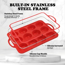Foepoge 2 Pack Silicone Muffin Pan with Metal Frame, Non-stick Regular Silicone Cupcake Pan with Handles 12 Cup, Silicon Muffin Tin Tray for baking, egg bites, Cupcake Mold, BPA Free Red