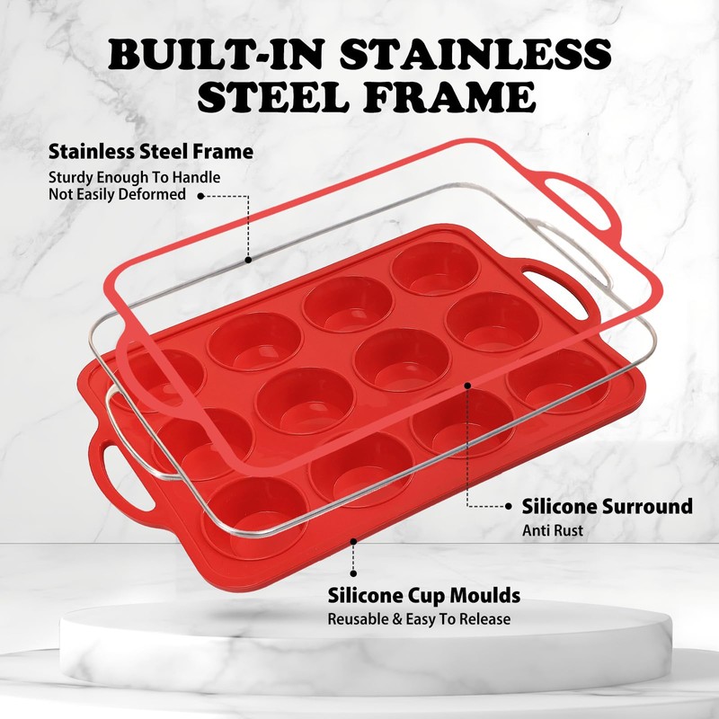 Foepoge 2 Pack Silicone Muffin Pan with Metal Frame, Non-stick