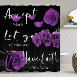 AYULO 4 Pcs Purple Rose Shower Curtain Sets Non-Slip Rugs Bath Mat Toilet Cover U Shaped Mat Flower Shower Curtain with 12 Hooks Valentine's Day Bathroom Set