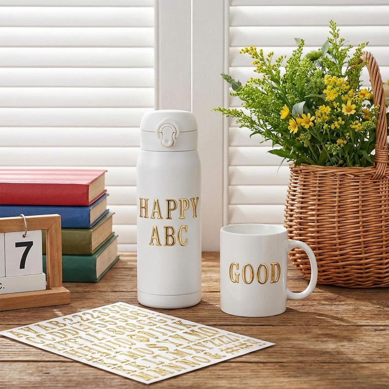 Gold Letter Stickers, 6 Sheets 1 Inch 3D Self Adhesive