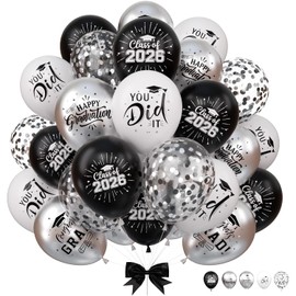 Black White Silver Graduation Balloons 2026, 12 Inch Class of 2026 Congrats Grad Balloons for High school College Graduation Party Decorations Congratulations Grad Celebrations Black Silver White 2026