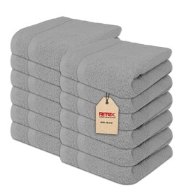 Ritex Wash Cloths Pack of 12 (33cm x 33cm)- 100% Combed Ring Spun Cotton WashCloth - 600 GSM Washcloths – Ultra Soft Face Towels - Absorbent Wash Cloth for Face (Light Grey)