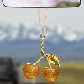 Briwill Gold Cherry Car Accessories - Rear View Mirrir Hanging Cherry Car Charm, Cute Lucky Car Pendant(Gold+Champagne)