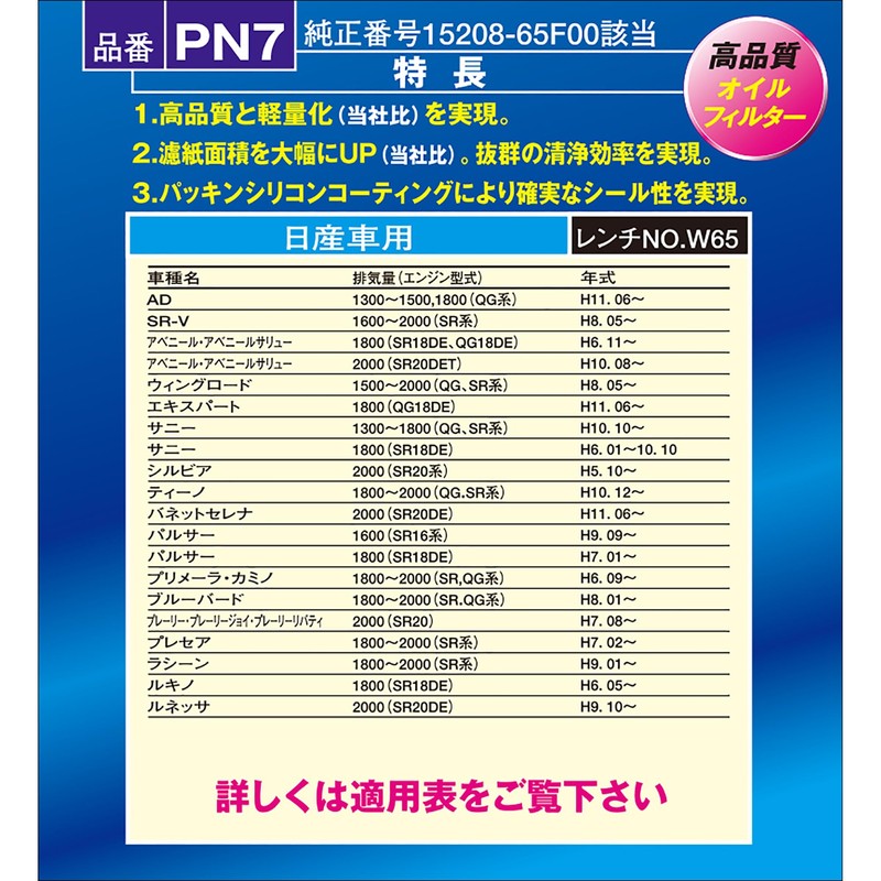 PIAA オイルフィルター オイルエレメント 《当社独自開発のスモールワイドプリーツ採用》 1個入 [日産車用] AD・アベニール・サニー_他 PN7