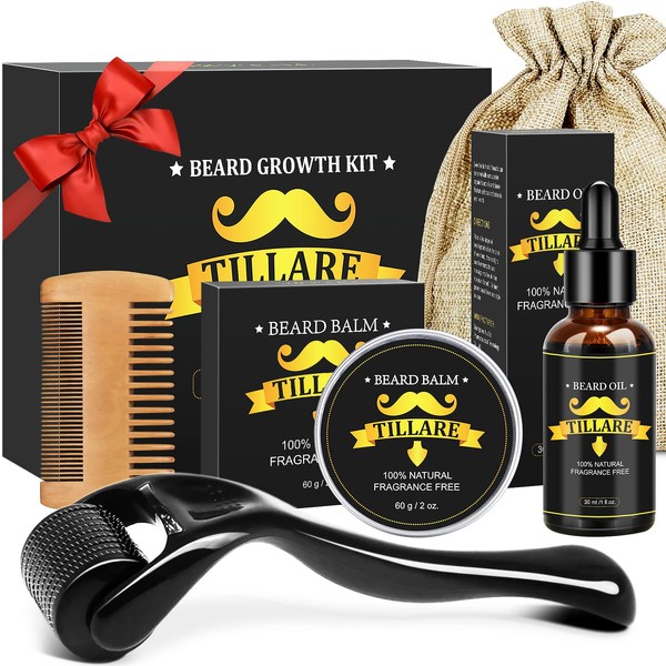 TILLARE Beard Growth Kit - Beard Kit with Beard Growth Oil, 0.25mm Beard Roller, Beard Balm, Beard Comb, Beard Kit for Patchy Beard, Anniversary &Birthdayb Gifts for Men Him Husband Boyfriend Dad