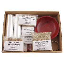 Home Cleaning Incense Set - 9-Piece Herbal Mix with Oman Al-Hojari Frankincense, Myrrh, Soapstone Bowl, Accessories and Instructions in Gift Box