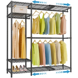 VIPEK X2 Expandable Clothing Rack Reach-in Closet Adjustable from 3'3" to 4'8" Heavy Duty Garment Racks with Adjustable Shelves and Hanger Rods Portable Wardrobe Open Walk-in Closet Rack System, Black