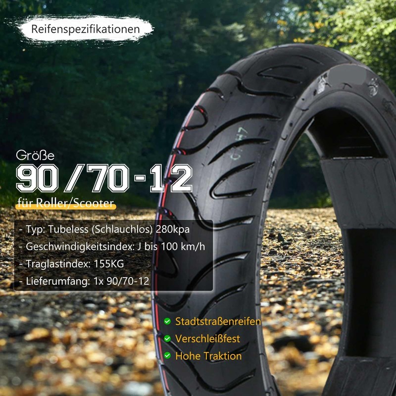 MZBZYU 90/70-12 Tire 90 70 12 Bike Neumático, Position: Front/Rear,